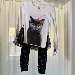 Carters  White Top with Black Cat Print and Polka Dot Leggings 3 pc new 24 m